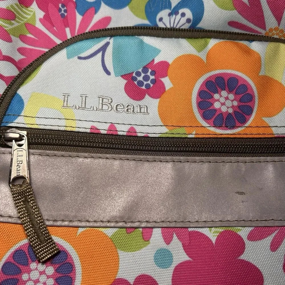L.L.Bean multicolor floral backpack, vibrant retro flower, silver reflective